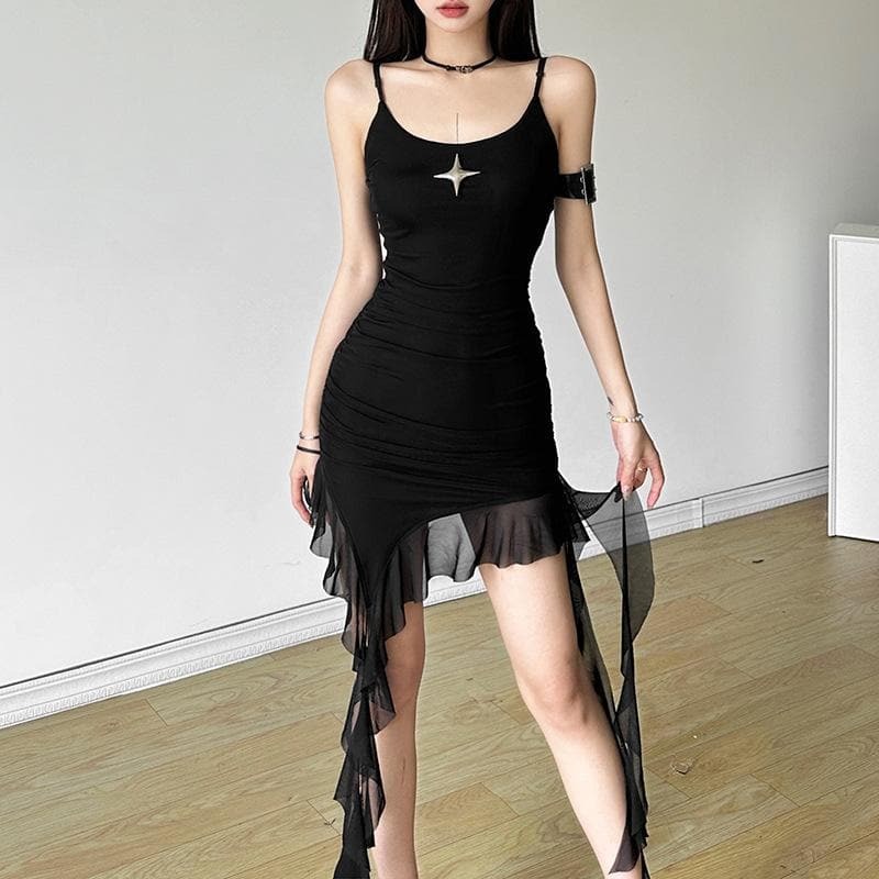 Y2K Irregular Cami Mini Dress with Applique Ruffles - Cute Coquette & Grunge Aesthetic