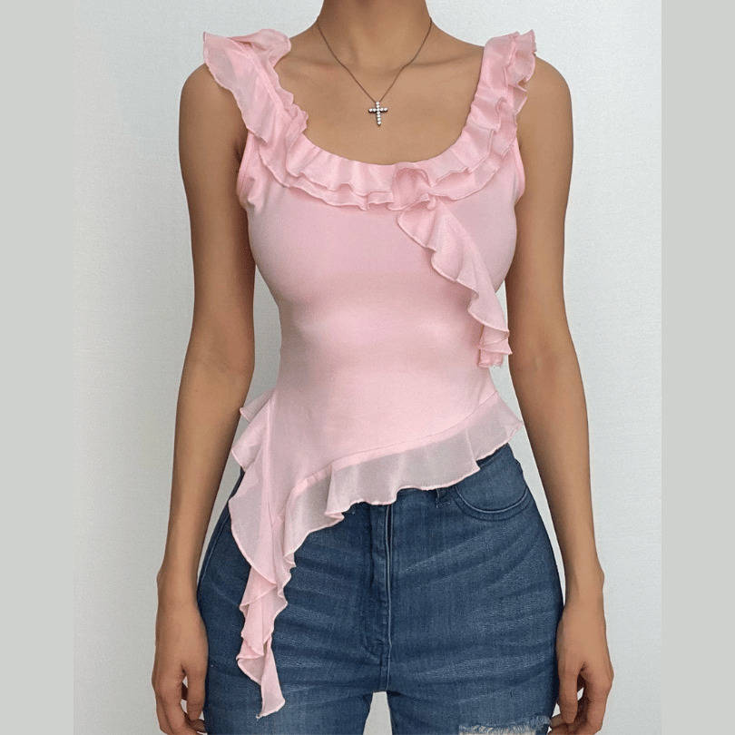 Y2K Irregular Crop Top - Solid Ruffle U-Neck for Coquette & Grunge Aesthetic Styles
