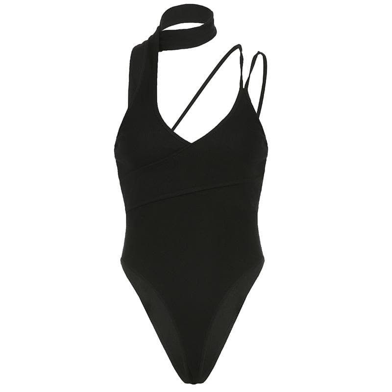 Y2K Irregular Halter Bodysuit - Solid V Neck, Perfect for Coquette & Grunge Aesthetics