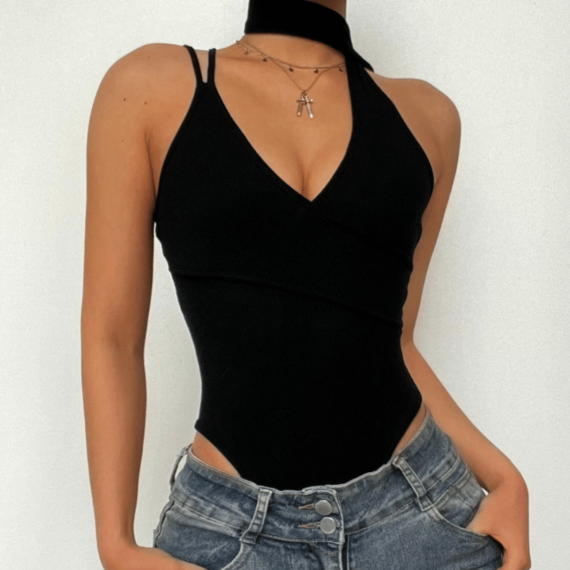 Y2K Irregular Halter Bodysuit - Solid V Neck, Perfect for Coquette & Grunge Aesthetics