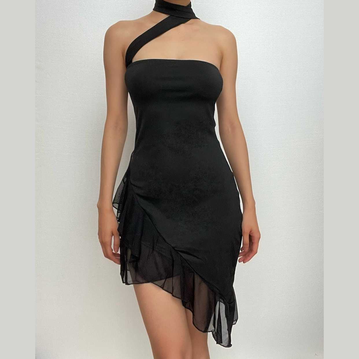 Y2K Irregular Halter Ruffle Backless Mini Dress - Cute Coquette & Grunge Aesthetic
