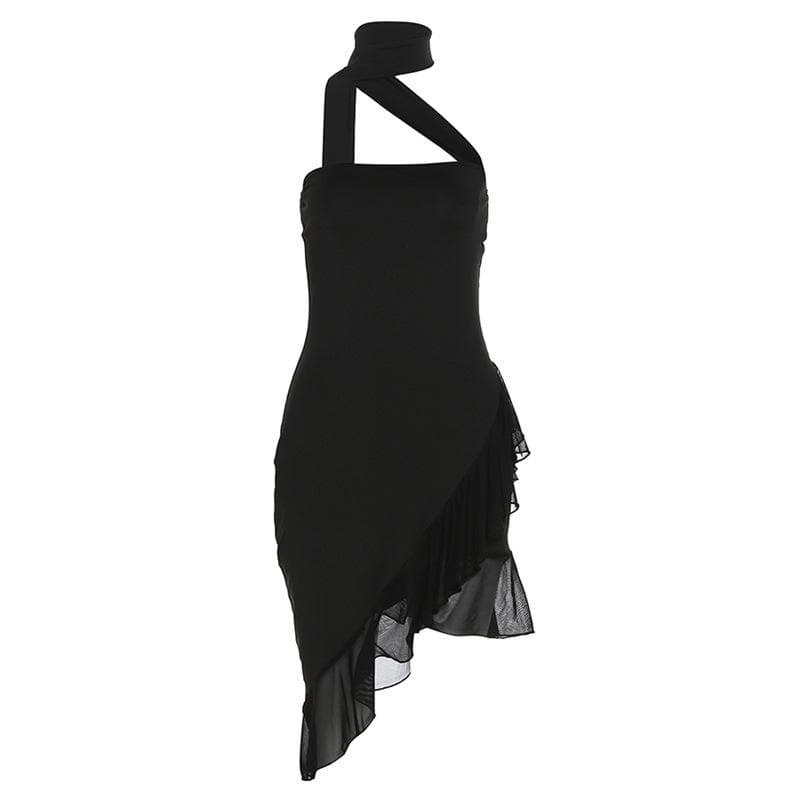 Y2K Irregular Halter Ruffle Backless Mini Dress - Cute Coquette & Grunge Aesthetic