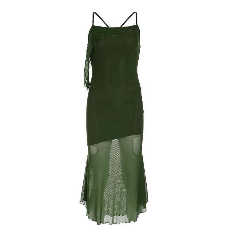 Y2K Irregular Mesh Cross Back Cami Midi Dress - Coquette & Grunge Aesthetic Fashion