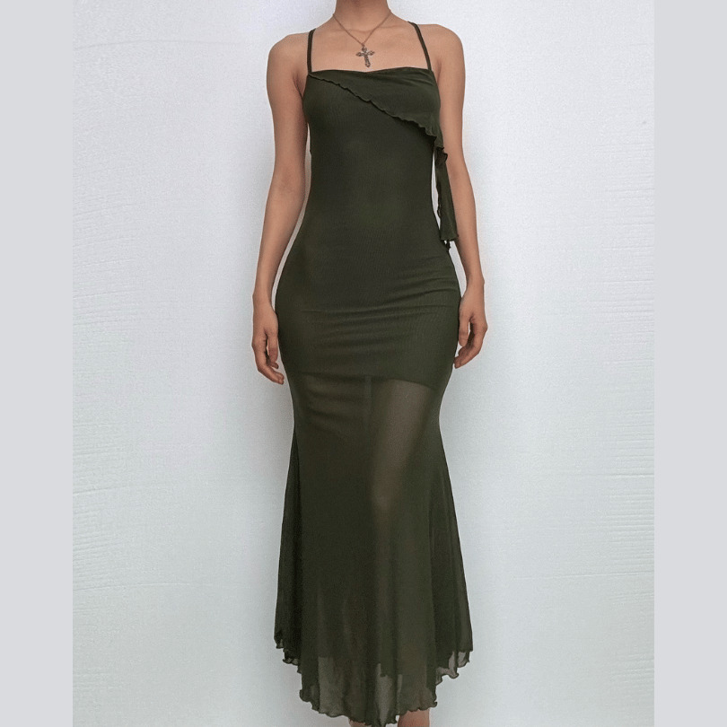 Y2K Irregular Mesh Cross Back Cami Midi Dress - Coquette & Grunge Aesthetic Fashion