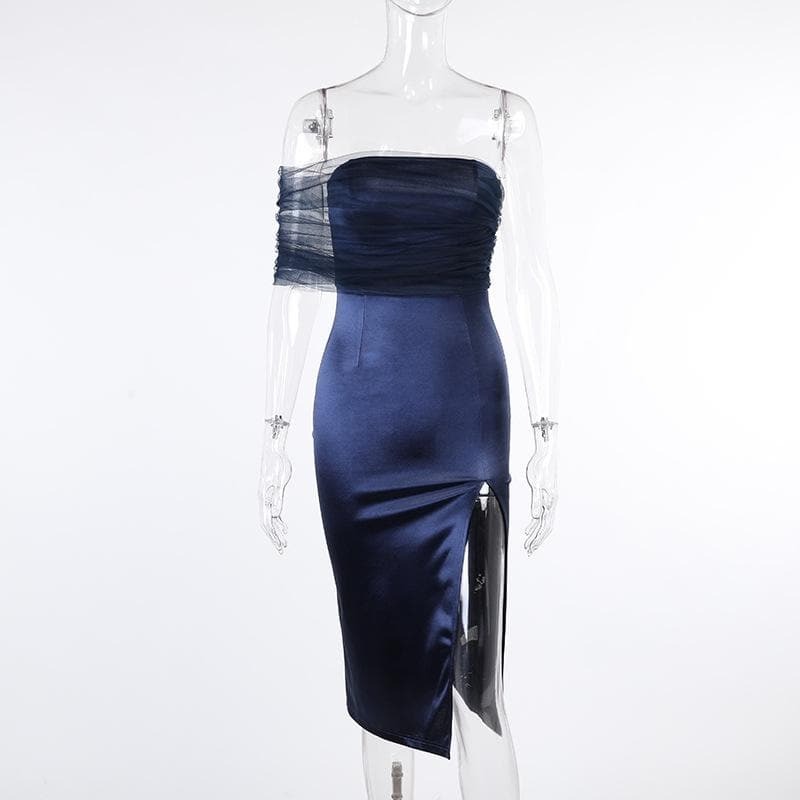 Y2K Irregular Mesh Ruched Slit Midi Dress - Coquette & Grunge Aesthetic Fashion