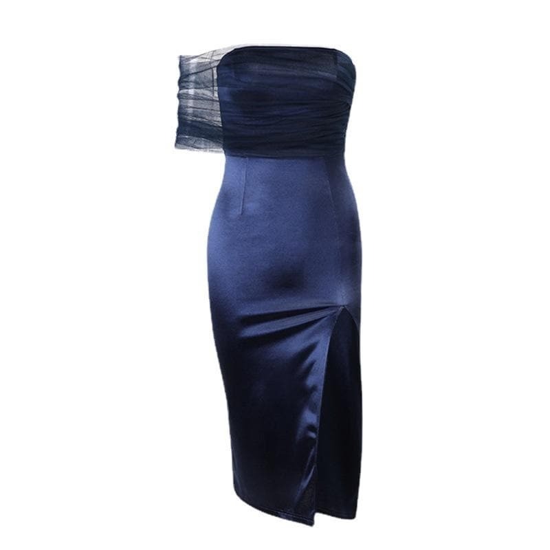 Y2K Irregular Mesh Ruched Slit Midi Dress - Coquette & Grunge Aesthetic Fashion