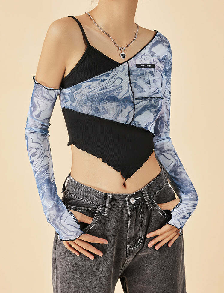 Y2K Irregular Paneled Crop Top - Coquette & Grunge Aesthetic Cute Top for Aesthetic Outfits