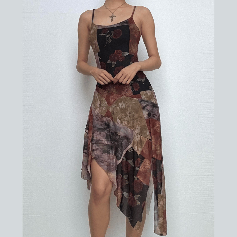 Y2K Irregular Patchwork Print Cami Midi Dress - Coquette & Grunge Aesthetic Style