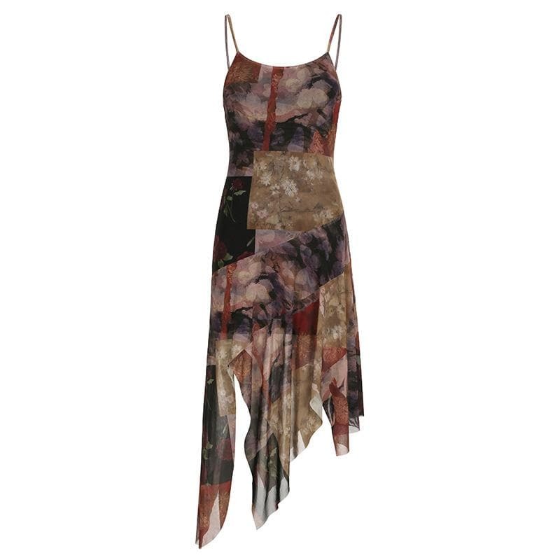 Y2K Irregular Patchwork Print Cami Midi Dress - Coquette & Grunge Aesthetic Style