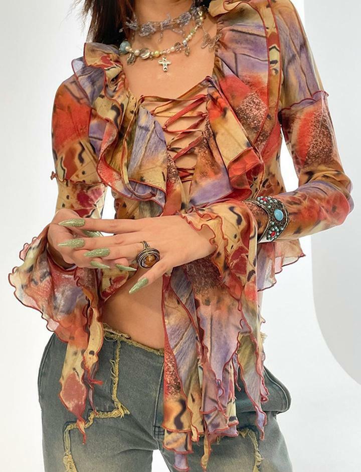 Y2K Irregular Print Ruffle Tie Long Sleeve Top - Cute Aesthetic for Coquette & Grunge Styles