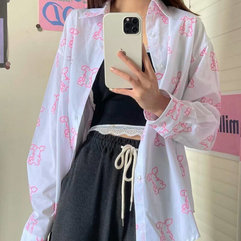 Y2K Kawaii Oversized Blouse - Cute Pastel Goth Top for Coquette & Grunge Aesthetic Styles