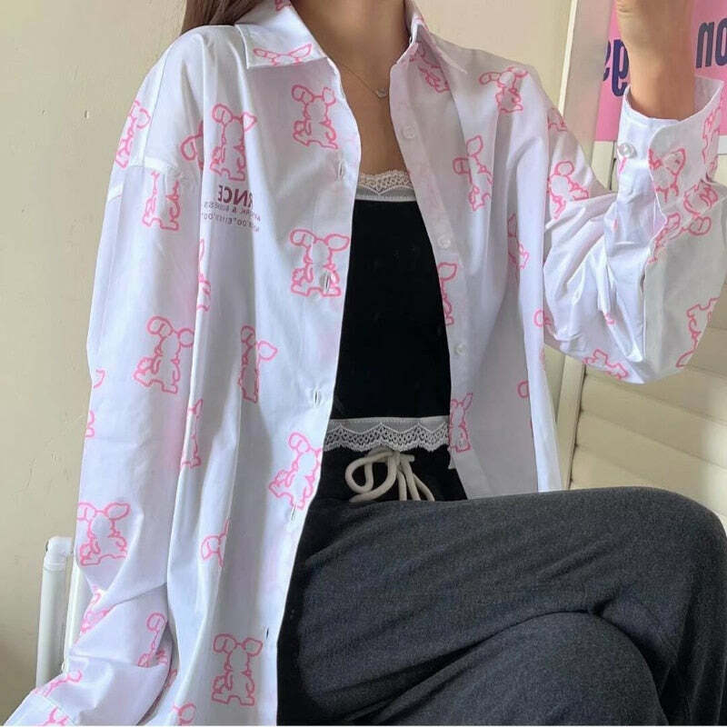 Y2K Kawaii Oversized Blouse - Cute Pastel Goth Top for Coquette & Grunge Aesthetic Styles