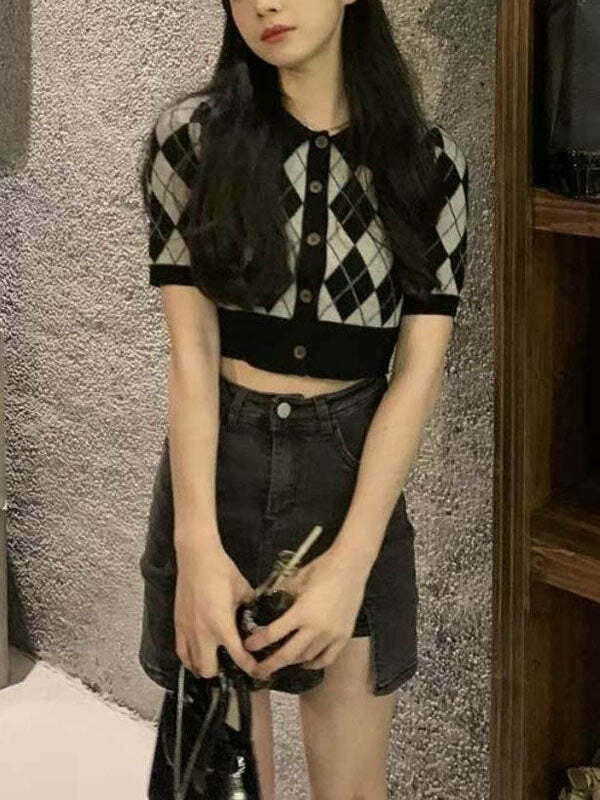 Y2K Knitted Polo Top - Cute Coquette Aesthetic with Grunge Vibes & Pastel Goth Style