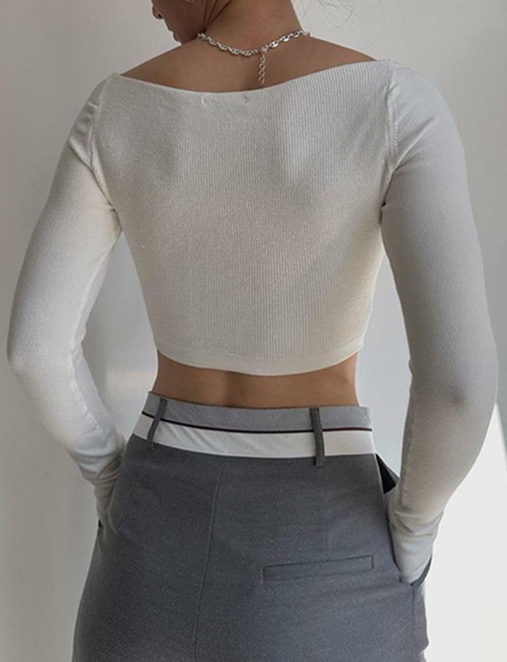 Y2K Knitted U-Neck Long Sleeve Cropped Top - Cute Pastel Goth & Coquette Aesthetic Tee