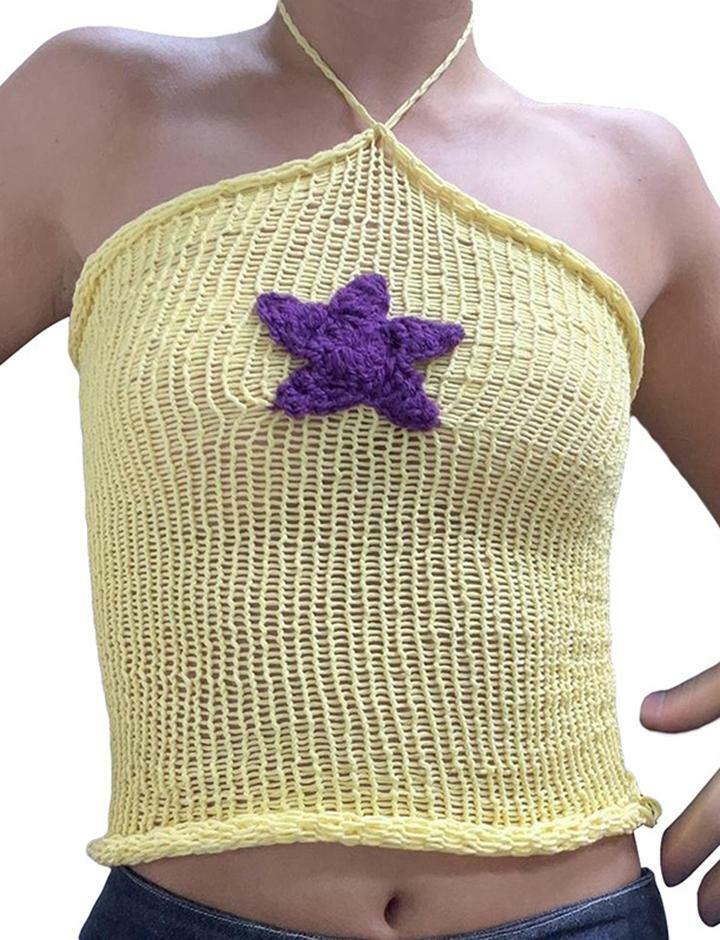 Y2K Knitted Vest & Pentagram Halter Top - Cute Coquette Aesthetic Crop for Grunge Style