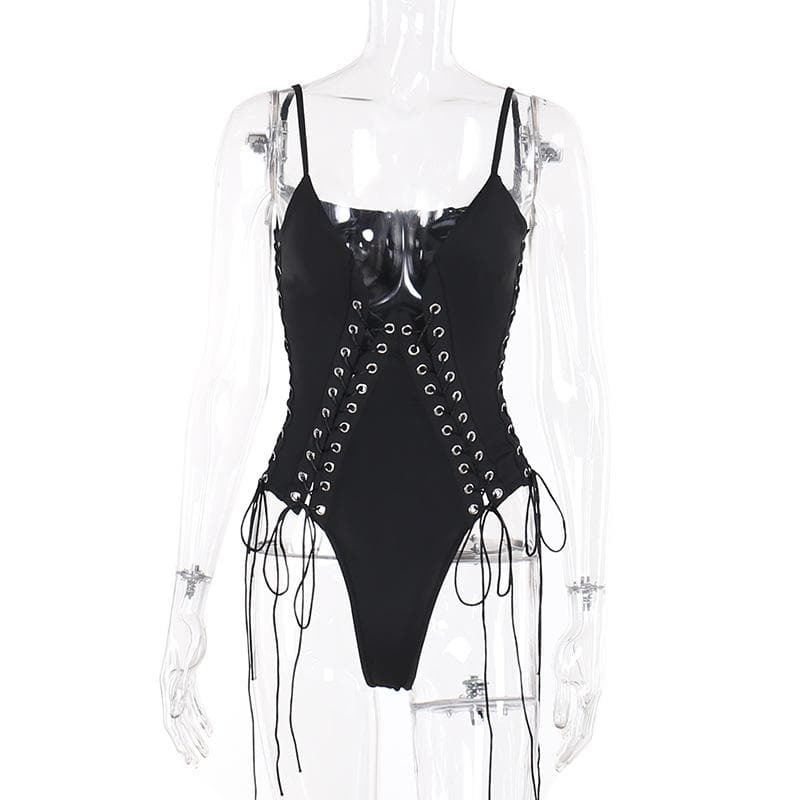 Y2K Lace-Up Cami Bodysuit - Cute Grunge & Coquette Aesthetic Top for Trendy Outfits