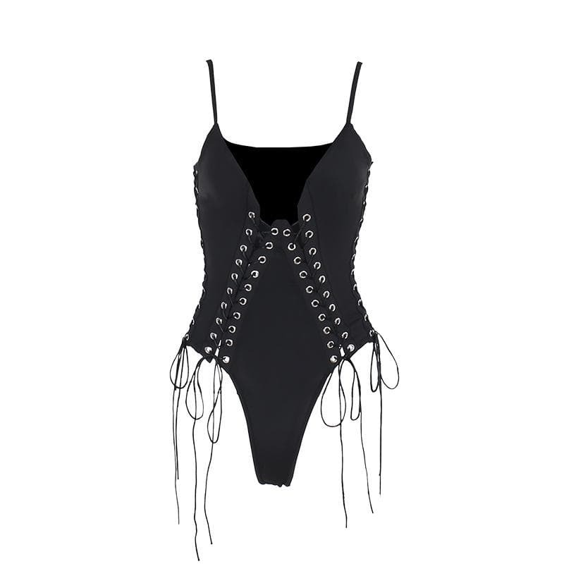 Y2K Lace-Up Cami Bodysuit - Cute Grunge & Coquette Aesthetic Top for Trendy Outfits