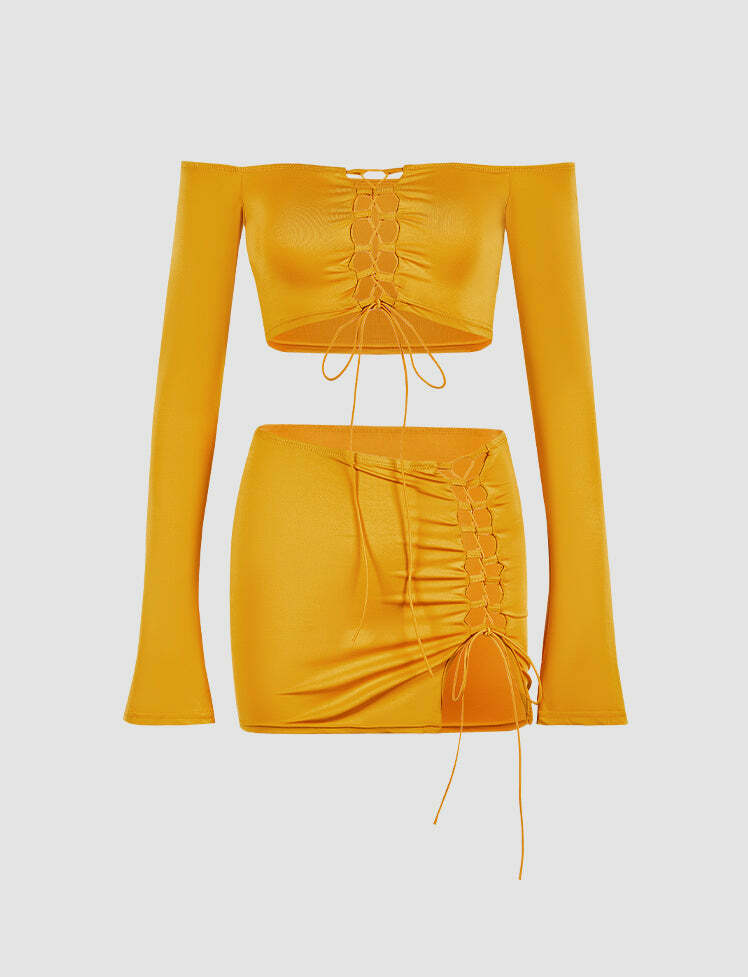 Y2K Lace-Up Crop Top & Hollow Skirt Co-Ord Set - Cute Aesthetic Outfit for Grunge & Coquette Styles