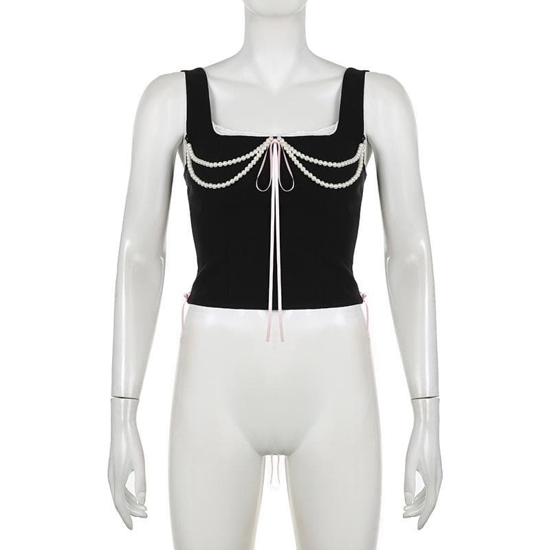 Y2K Lace-Up Crop Top with Pearl Chain & Lace Hem - Cute Coquette Aesthetic Style