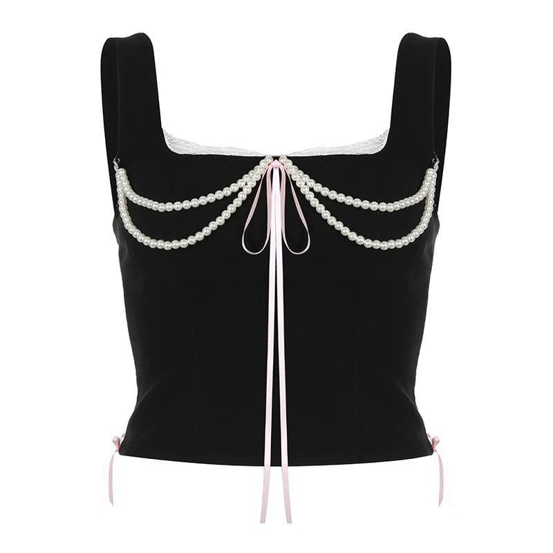 Y2K Lace-Up Crop Top with Pearl Chain & Lace Hem - Cute Coquette Aesthetic Style
