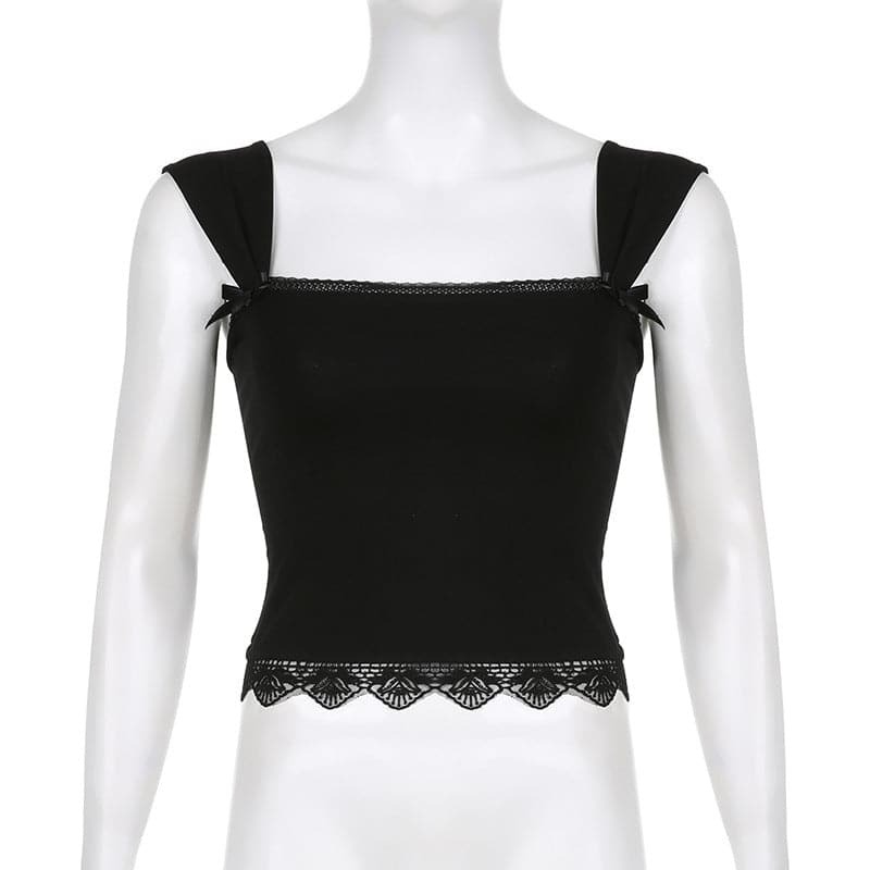 Y2K Lace-Up Crop Top with Square Neck & Solid Lace Hem - Cute Coquette Aesthetic Style