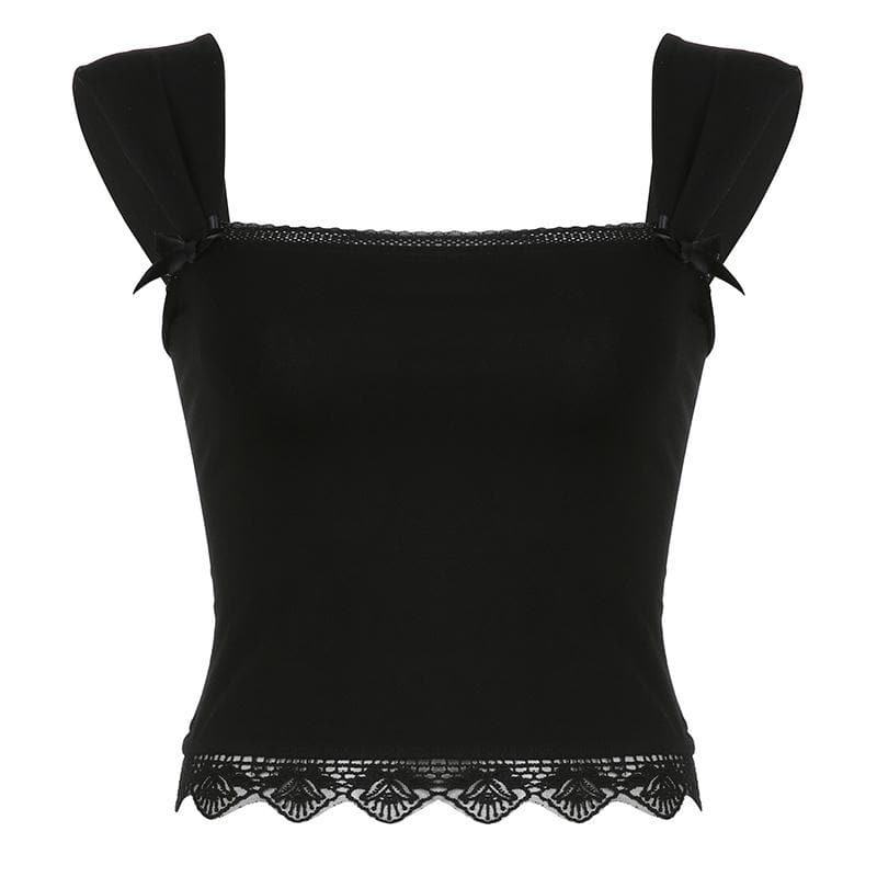 Y2K Lace-Up Crop Top with Square Neck & Solid Lace Hem - Cute Coquette Aesthetic Style