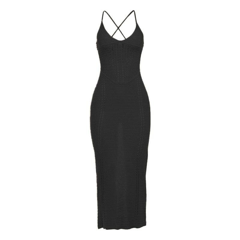 Y2K Lace-Up Cross Back Cami Midi Dress - Cute Pastel Goth & Coquette Aesthetic Fashion