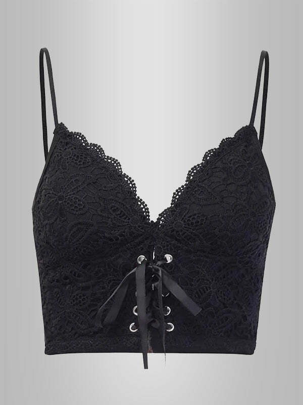 Y2K Lace-Up Embroidery Crop Top - Cute Coquette Aesthetic for Grunge & Pastel Goth Styles