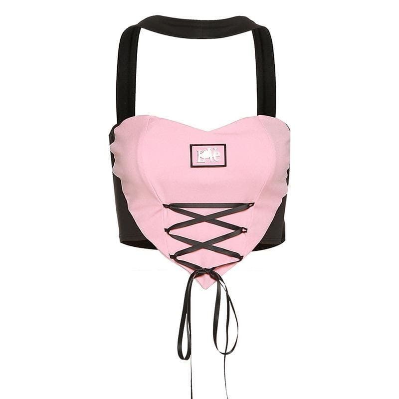 Y2K Lace-Up Halter Heart Crop Top - Cute Coquette Aesthetic for Grunge & Pastel Goth Styles
