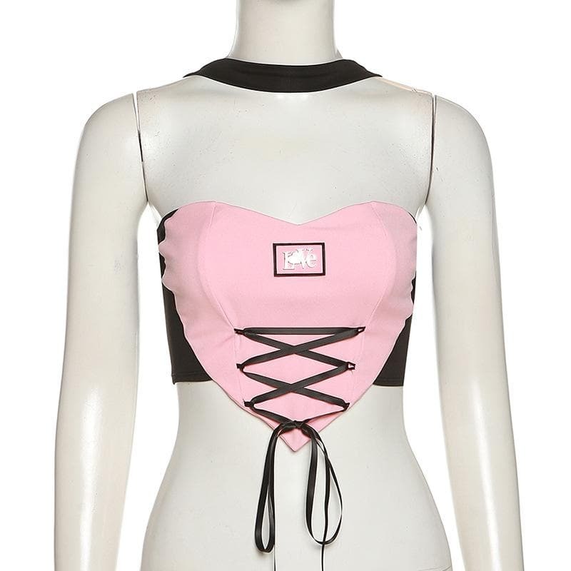 Y2K Lace-Up Halter Heart Crop Top - Cute Coquette Aesthetic for Grunge & Pastel Goth Styles
