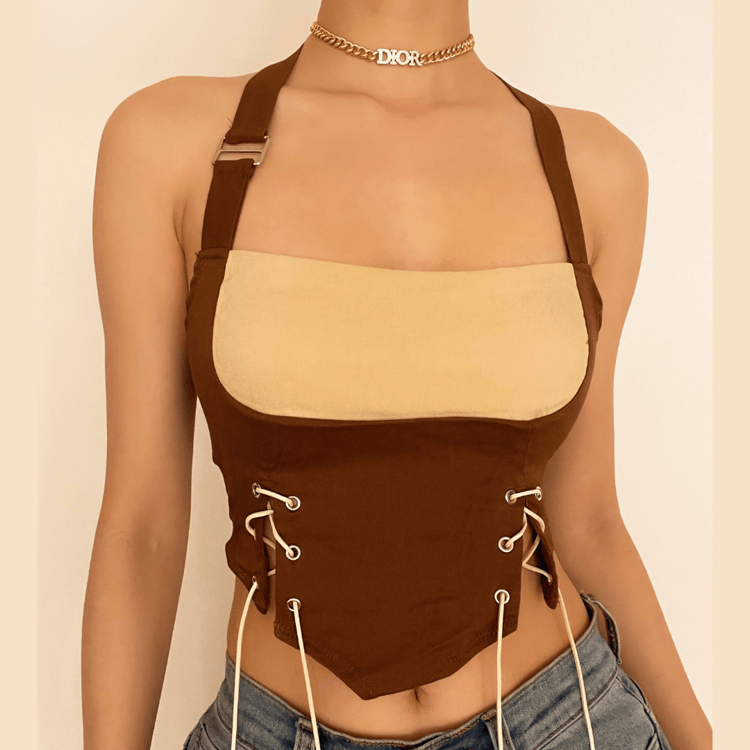 Y2K Lace-Up Halter Open Back Crop Top - Cute Grunge Aesthetic for Trendy Outfits