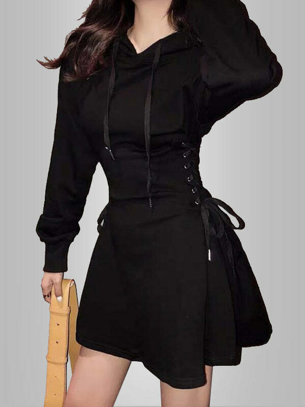 Y2K Lace-Up High Waist Hoodie Dress - Cute Grunge Aesthetic with Comfy Style