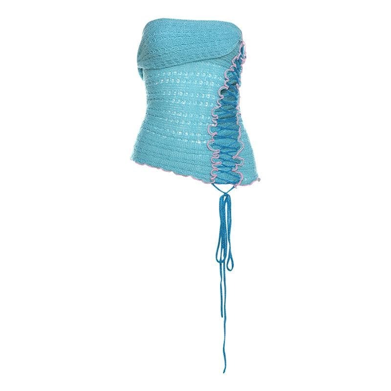 Y2K Lace-Up Knitted Ruffle Tube Top - Cute Coquette Aesthetic for Trendy Outfits