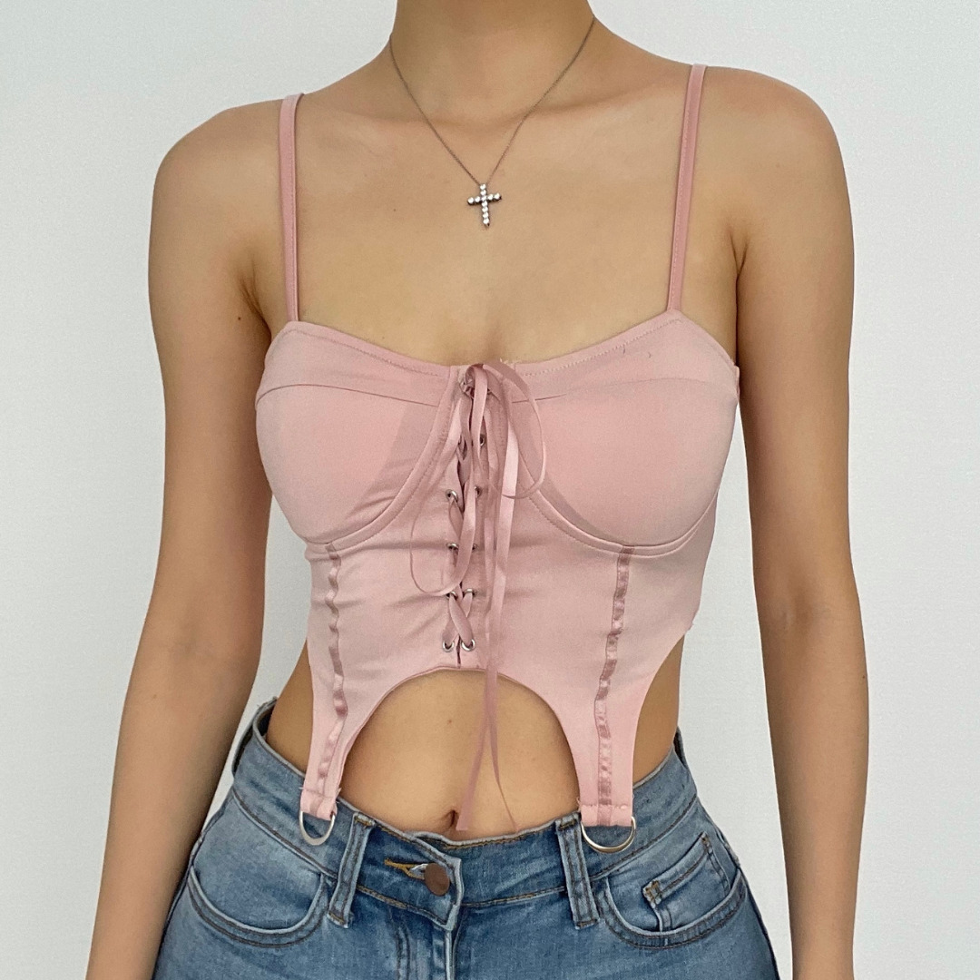 Y2K Lace-Up Metal Ring Padded Crop Top - Grunge & Coquette Aesthetic Fashion