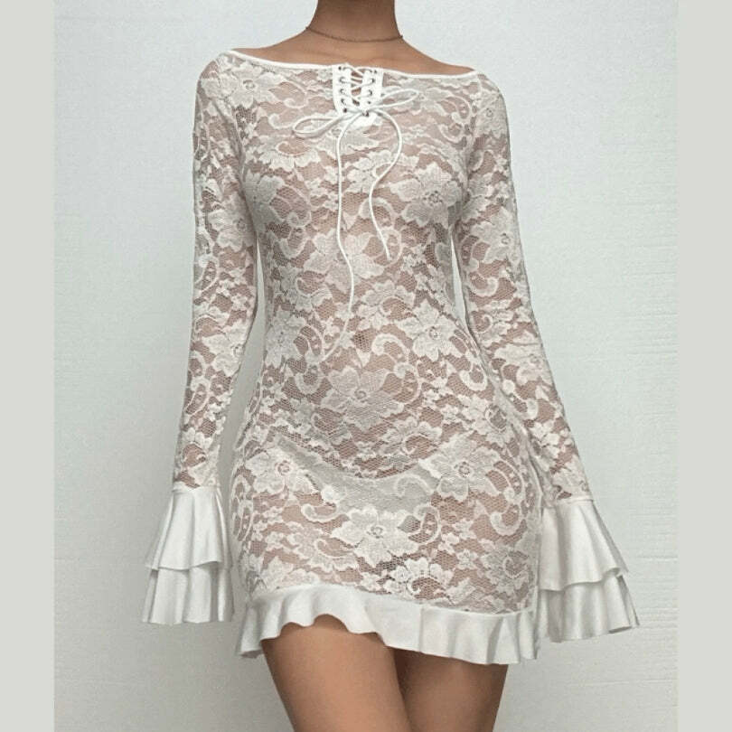 Y2K Lace-Up Mini Dress with Flared Sleeves - Cute Coquette & Grunge Aesthetic Style