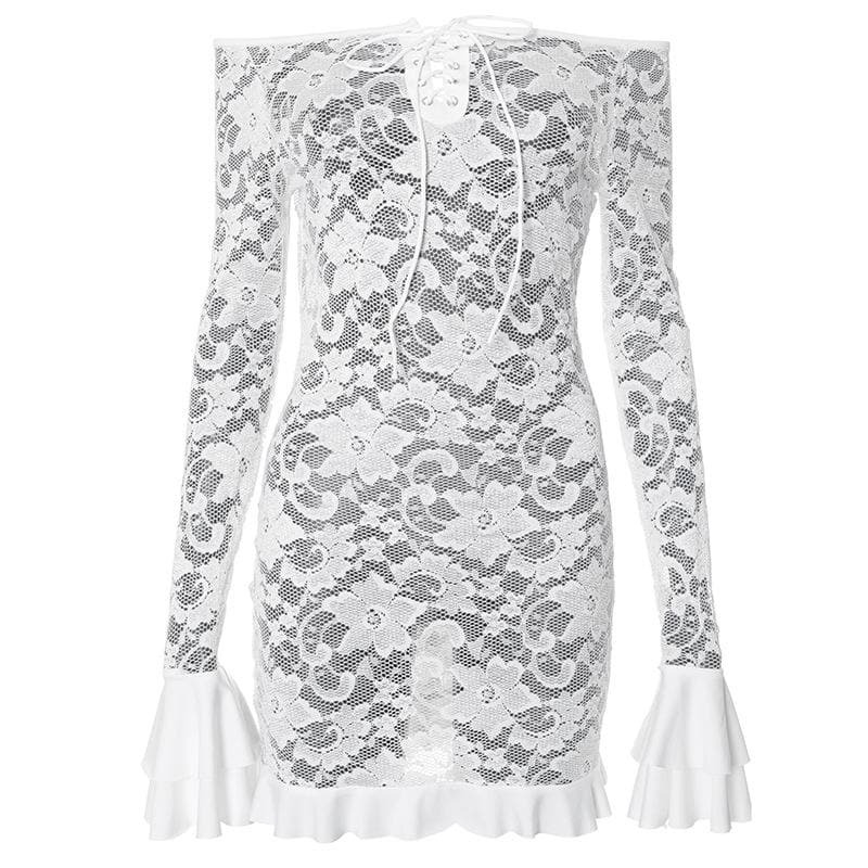 Y2K Lace-Up Mini Dress with Flared Sleeves - Cute Coquette & Grunge Aesthetic Style