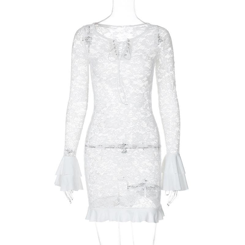 Y2K Lace-Up Mini Dress with Long Flared Sleeves - Coquette & Grunge Aesthetic Fashion