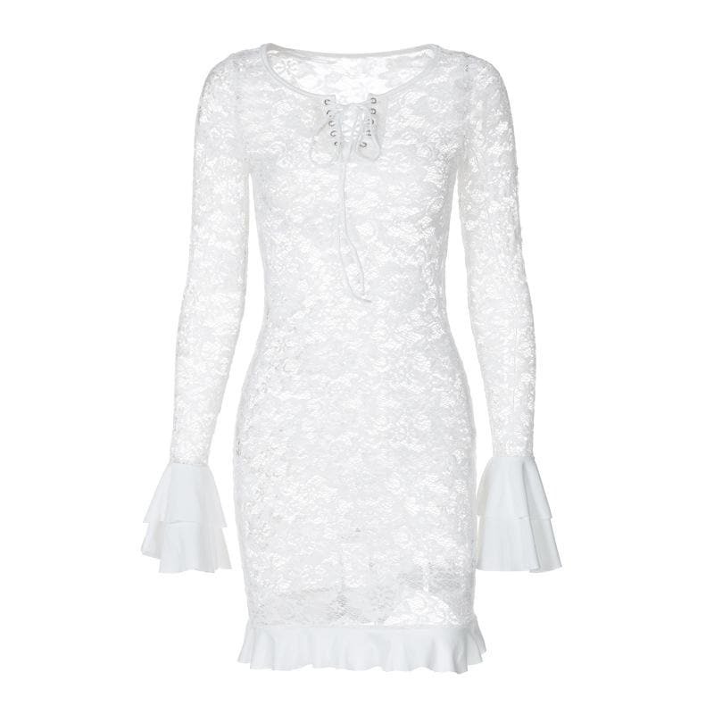 Y2K Lace-Up Mini Dress with Long Flared Sleeves - Coquette & Grunge Aesthetic Fashion