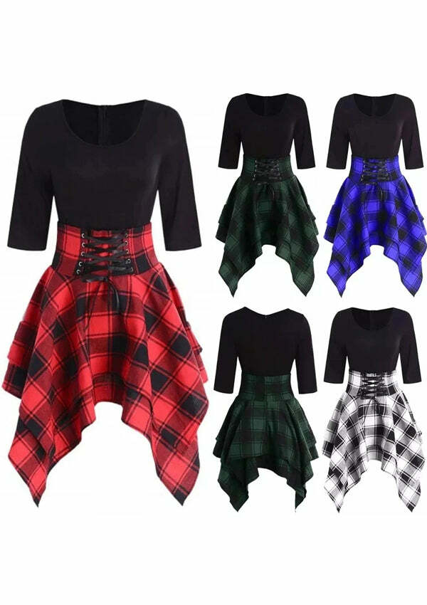 Y2K Lace-Up Plaid Asymmetrical Dress - Coquette & Grunge Aesthetic Fashion Statement