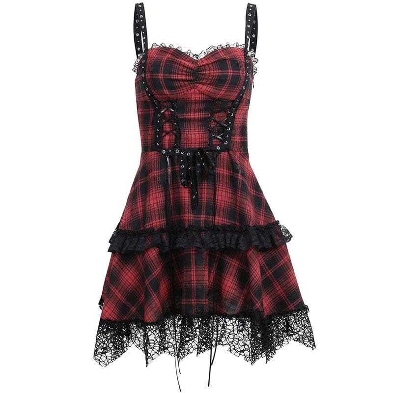 Y2K Lace-Up Plaid Backless Mini Dress - Cute Coquette & Grunge Aesthetic Fashion