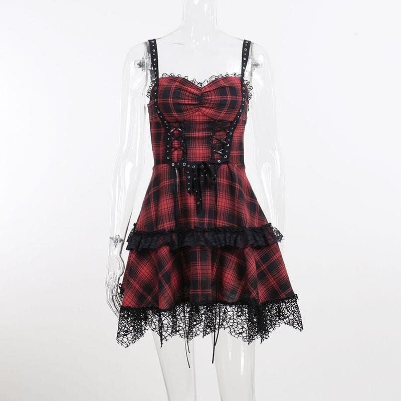 Y2K Lace-Up Plaid Backless Mini Dress - Cute Coquette & Grunge Aesthetic Fashion