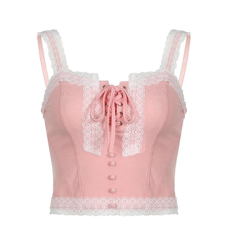 Y2K Lace-Up Ribbed Cami Top with Lace Hem - Cute Coquette & Grunge Aesthetic Style