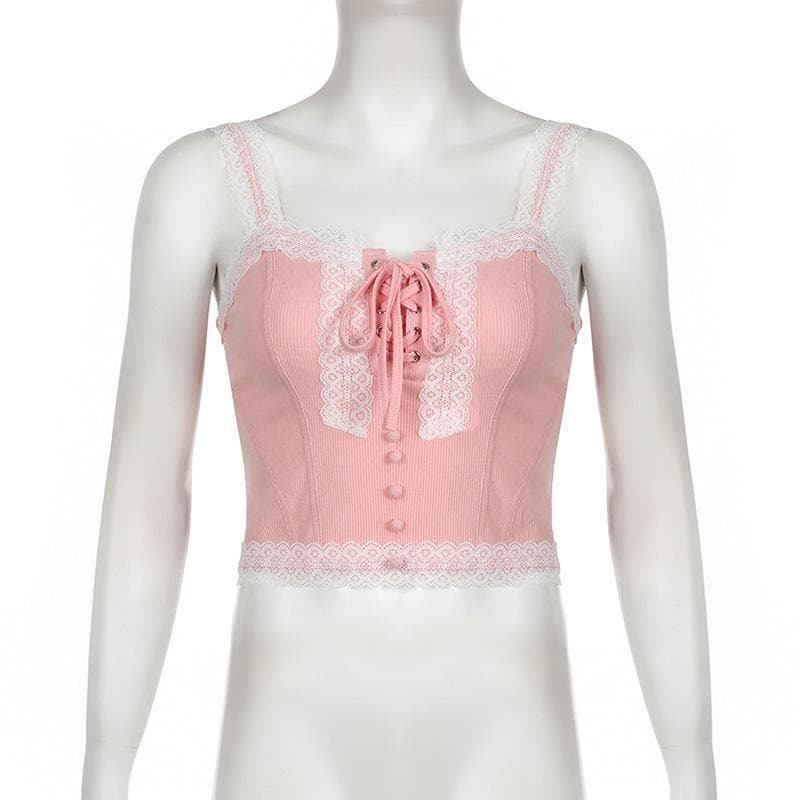 Y2K Lace-Up Ribbed Cami Top with Lace Hem - Cute Coquette & Grunge Aesthetic Style