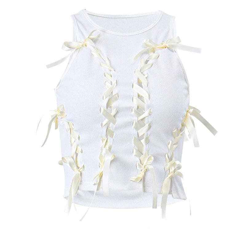 Y2K Lace-Up Ribbed Crop Top - Hollow Out Cut-Out Design for Coquette & Grunge Aesthetic