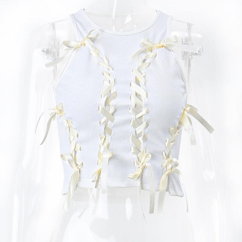 Y2K Lace-Up Ribbed Crop Top - Hollow Out Cut-Out Design for Coquette & Grunge Aesthetic