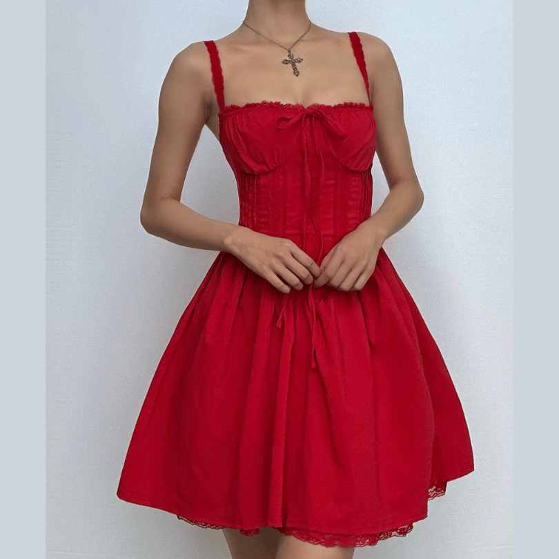 Y2K Lace-Up Ruched Cami Mini Dress - Coquette Aesthetic with Grunge Vibes