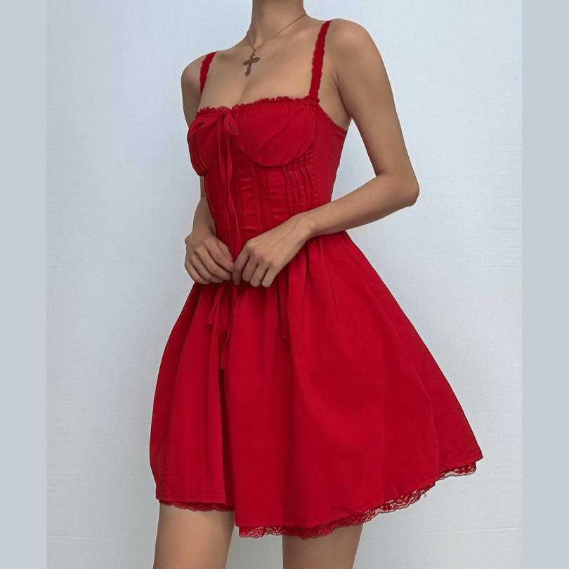 Y2K Lace-Up Ruched Cami Mini Dress - Coquette Aesthetic with Grunge Vibes