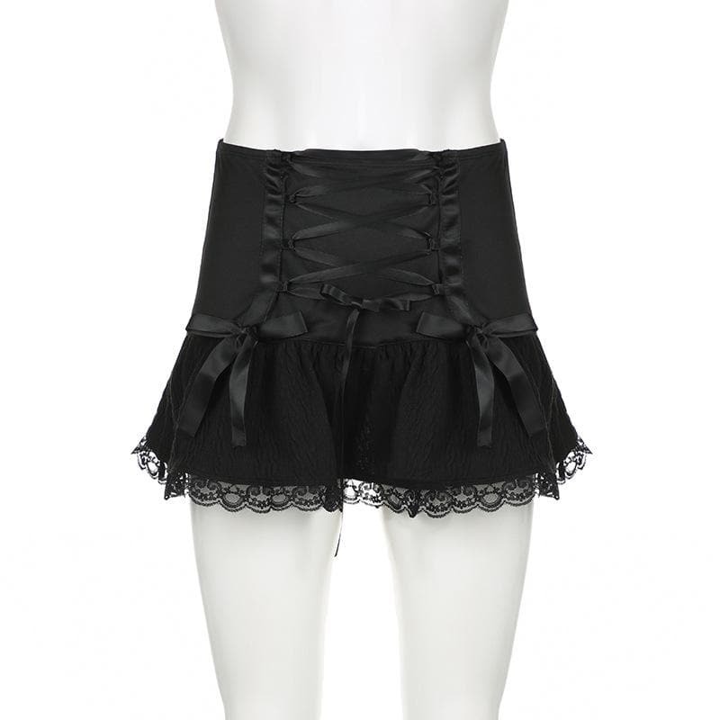Y2K Lace-Up Ruched Mini Skirt with Bowknot & Lace Hem - Cute Grunge & Coquette Style