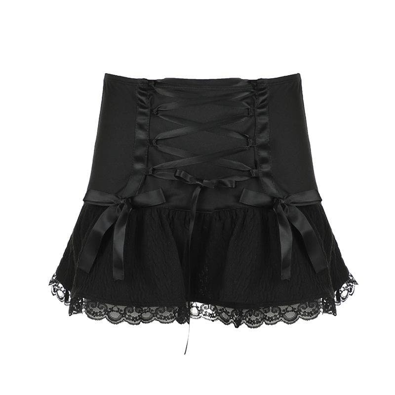 Y2K Lace-Up Ruched Mini Skirt with Bowknot & Lace Hem - Cute Grunge & Coquette Style