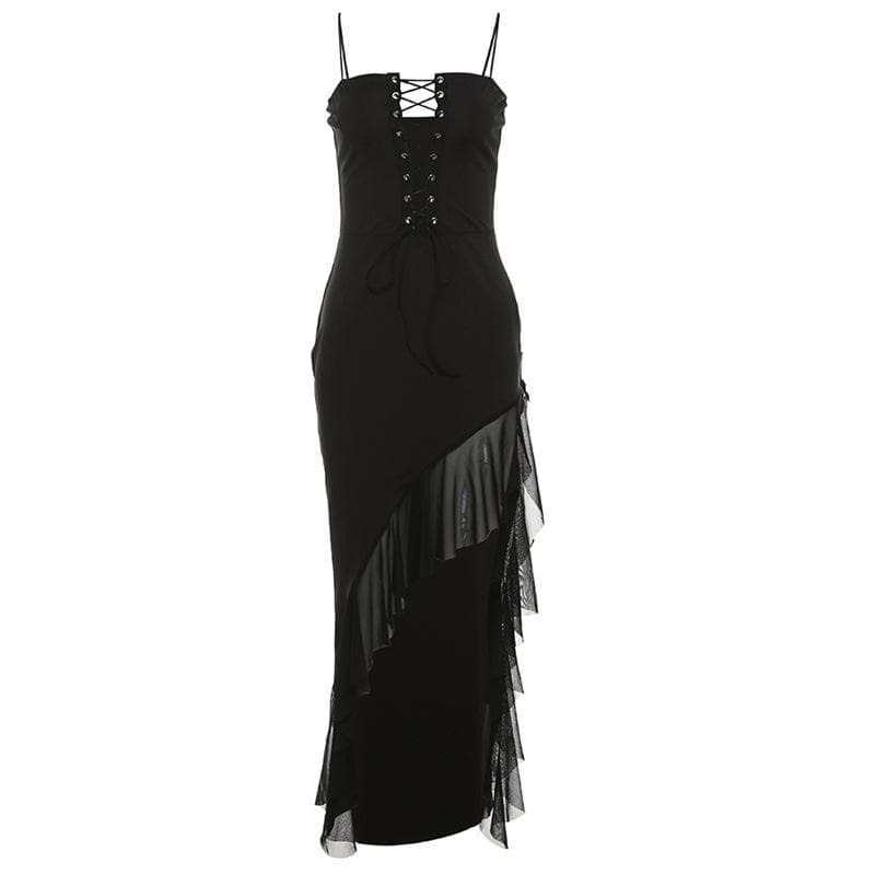 Y2K Lace-Up Ruffle Backless Mesh Cami Maxi Dress - Coquette & Grunge Aesthetic Style